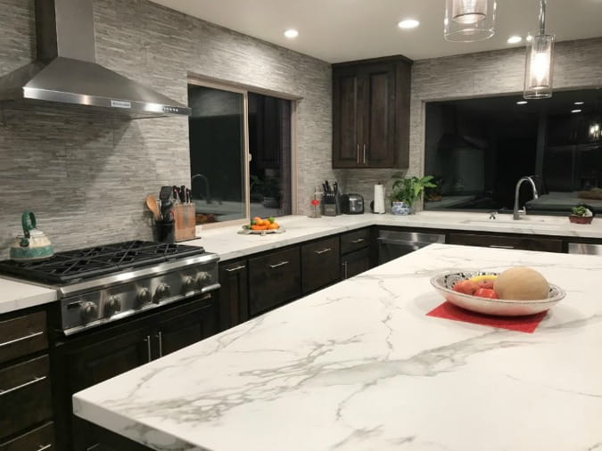 Dekton countertops look like white marble on kitchen island - luxury kitchen design