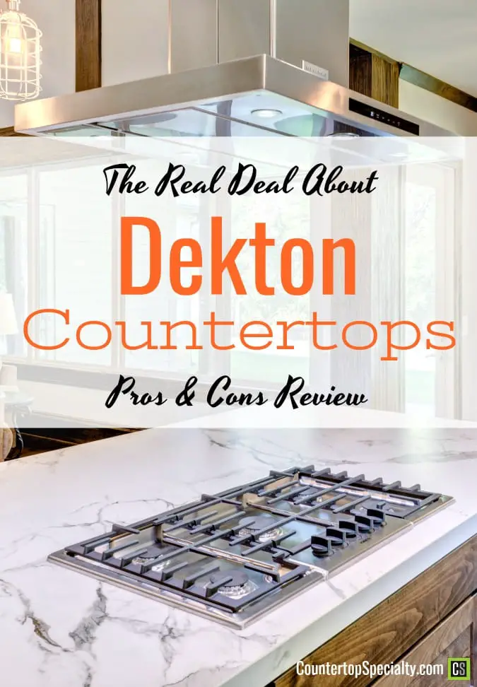 white dekton countertops on kitchen island with cooktop - text overlay - Dekton countertops pros and cons review