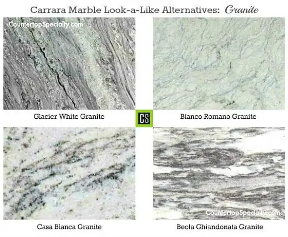 four granite countertop colors that look like Carrara marble