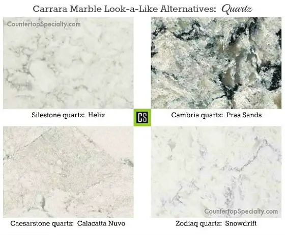 four quartz countertop colors that look like white Carrara marble-collage