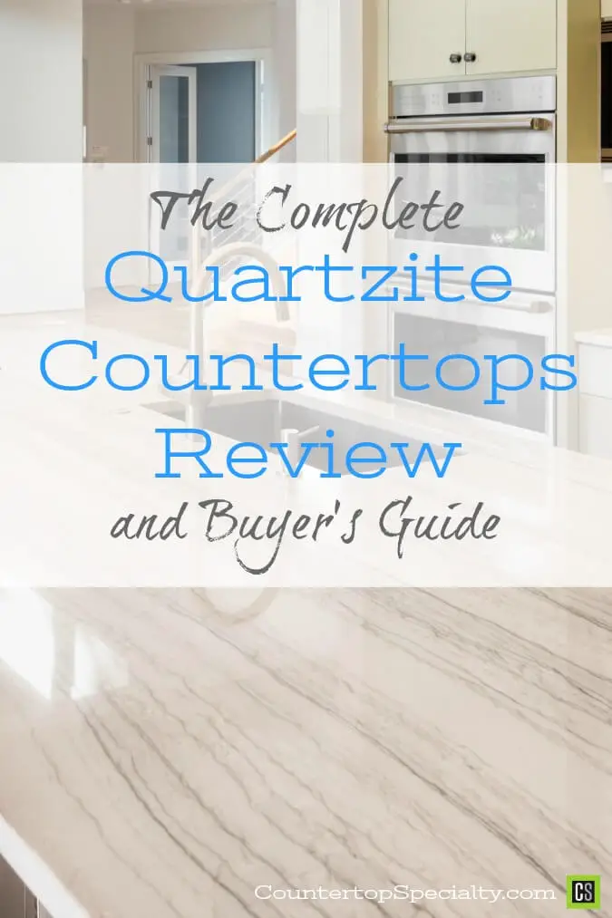 White quartzite countertops in modern kitchen design - text overlay - Quartzite Countertops Review & Buyer's Guide - CountertopSpecialty.com