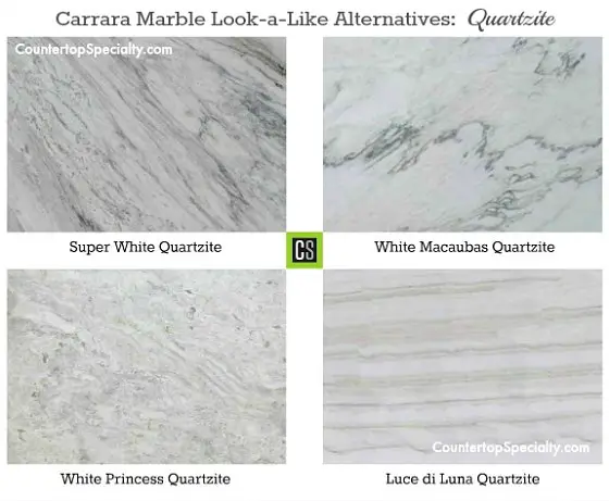 four quartzite countertop colors that look like carrara marble collage