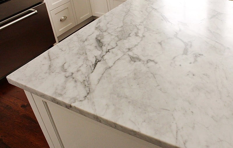 white carrara marble countertops on kitchen island