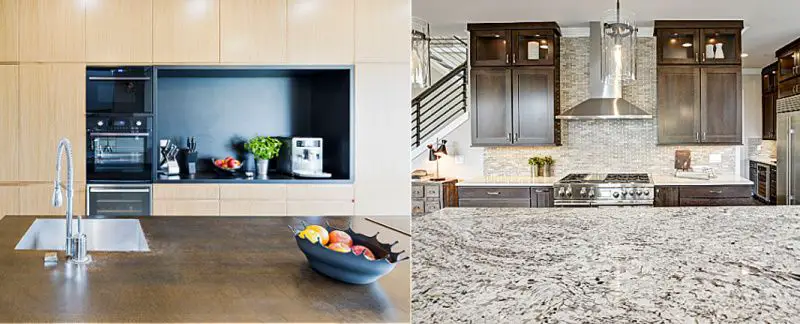 concrete vs granite countertops - a collage of brown concrete and white granite countertops in modern kitchens