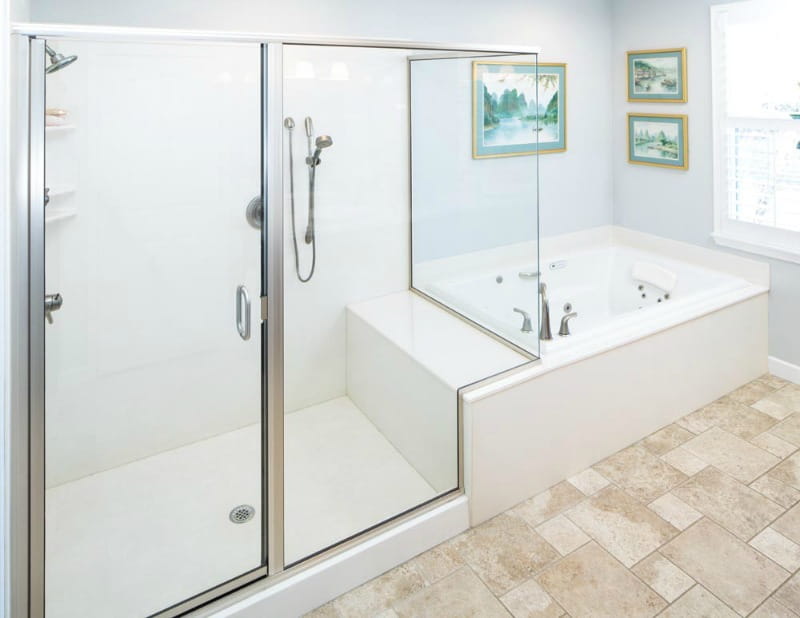 custom cultured marble shower and tub in luxury bathroom, beach house design