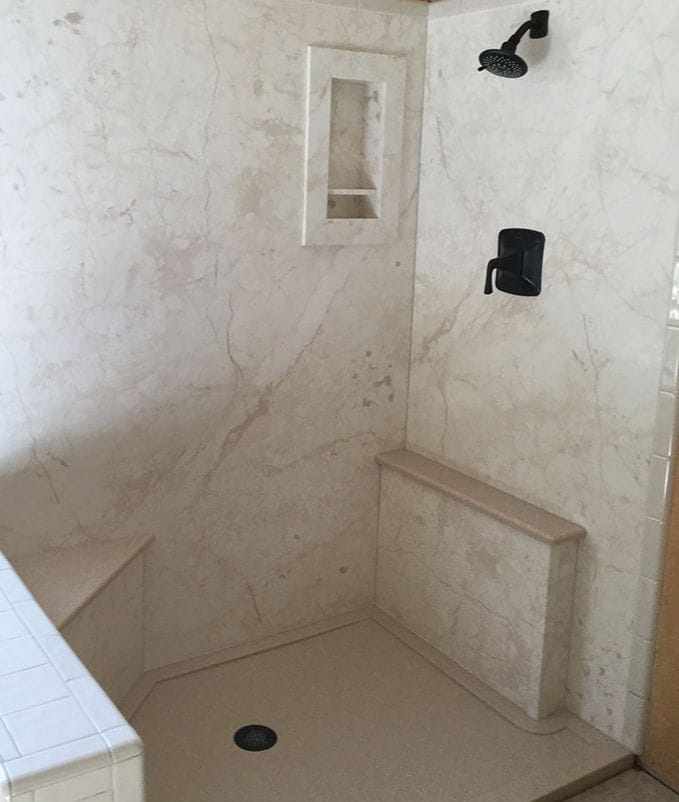cultured marble shower white and tan with bench and shelves