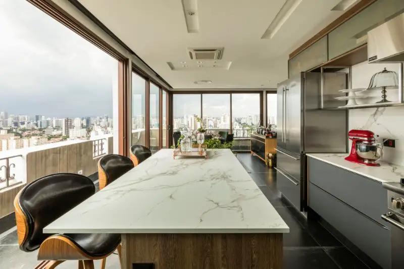White Dekton countertops on kitchen island modern open kitchen design