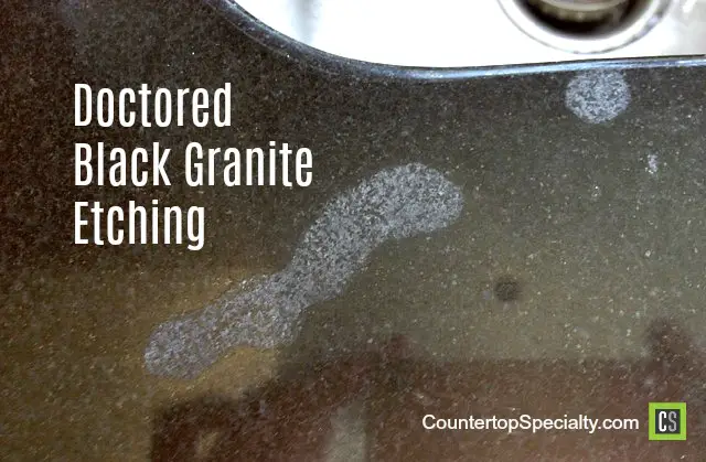 white etch mark stains on dyed or doctored black granite countertop