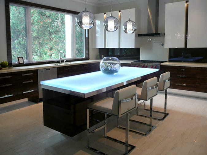 glass countertop with backlighting on kitchen island