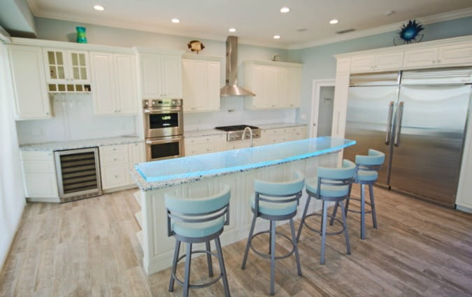 glass countertop - translucent green bar top on kitchen island