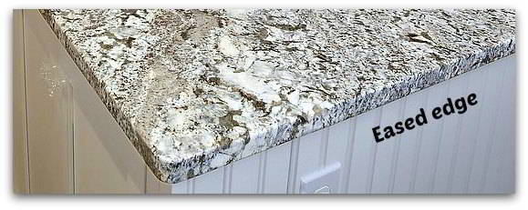 Square eased gray granite edges on kitchen countertops