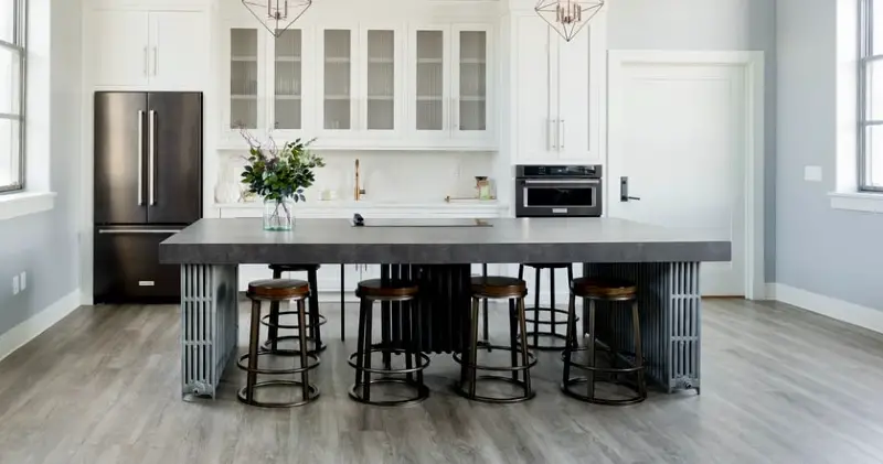 how to clean concrete countertops - gray concrete countertop island in modern white kitchen