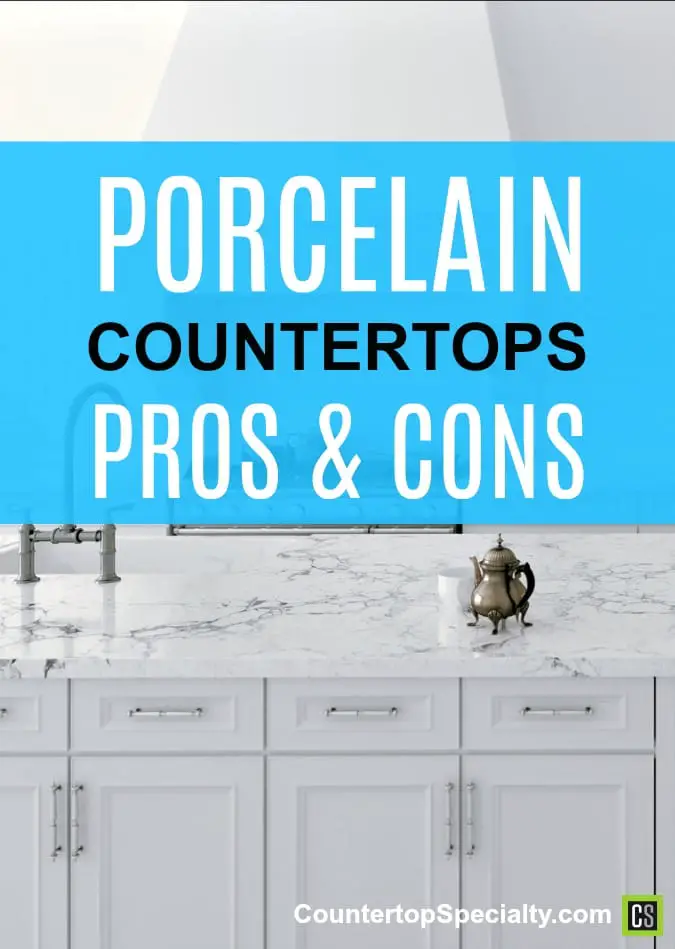 white porcelain countertops and cabinets - all white kitchen design - text overlay - porcelain countertops pros & cons review