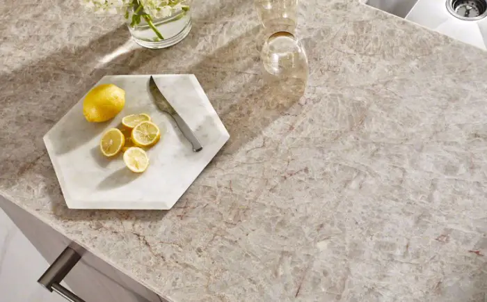 silver-gray quartzite countertops with lemons