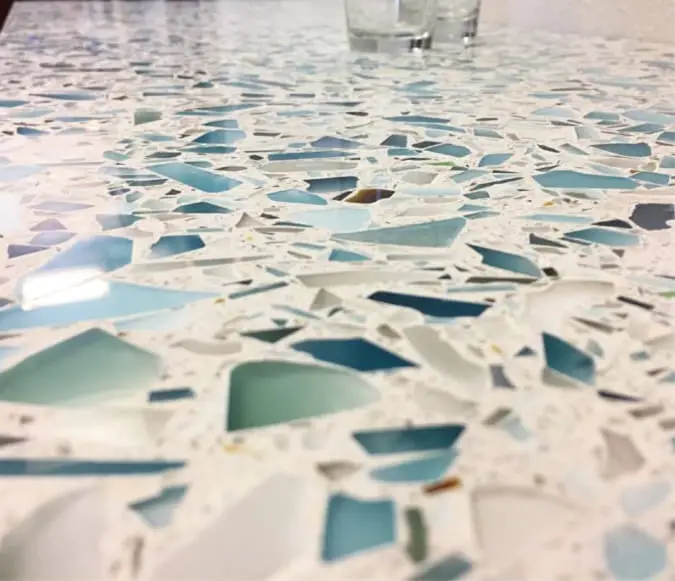 recycled glass countertop closeup blue green pattern