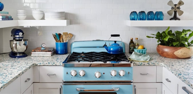 recycled glass countertops blue white kitchen