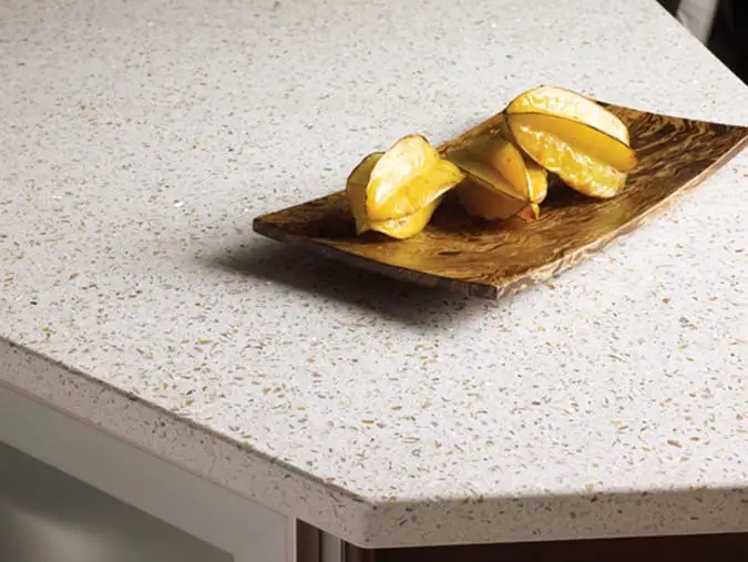 White recycled glass countertops with fruit plate