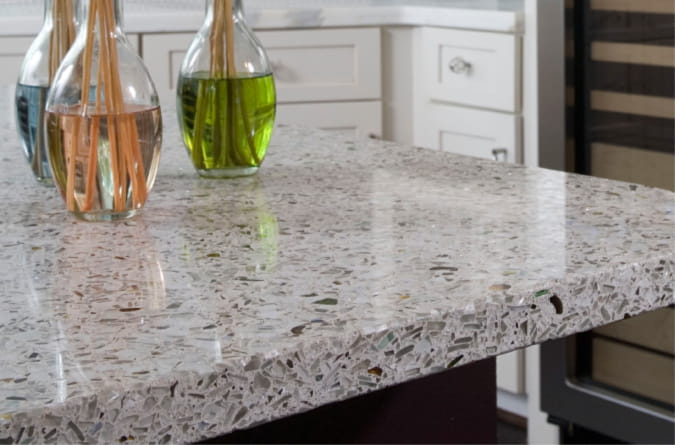 recycled glass countertops zen gray kitchen island bottle