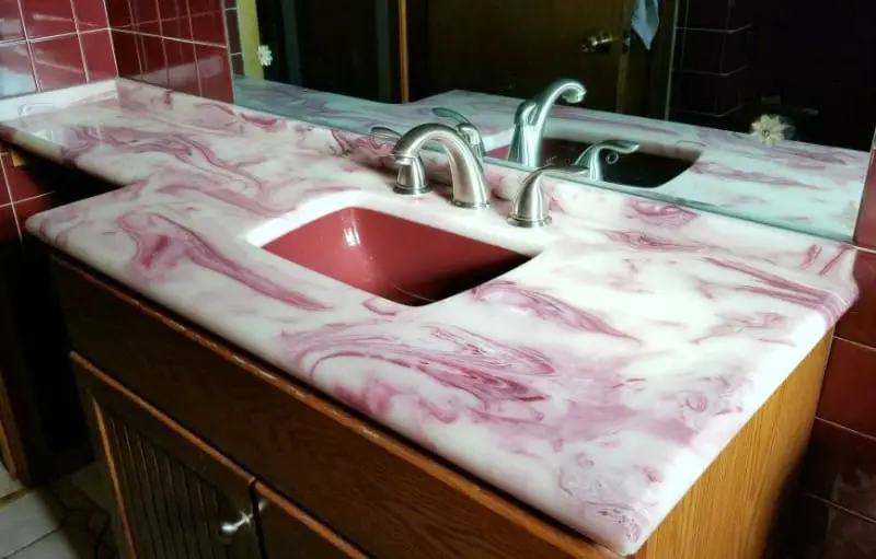 retro cultured marble vanity top white with red swirls and red sink