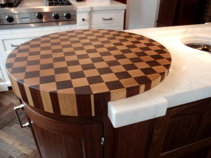 round checkered butcher block countertop