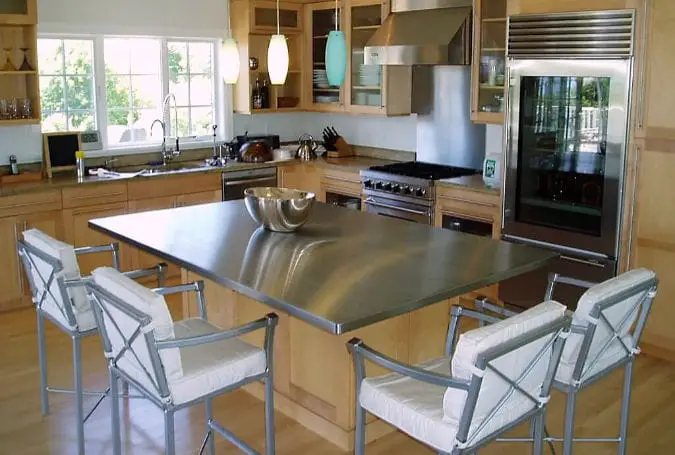 stainless steel countertops-kitchen island wood floors