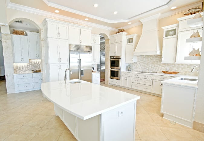 white glass countertops on kitchen island - all white modern kitchen design